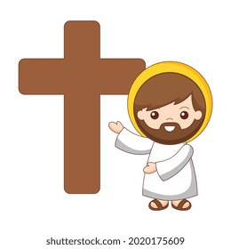 jesus and cross cartoon isolated over white background. vector illustration