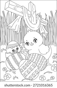 Jesús Cruz Huevos de Pascua Pollitos Eclosionando Páginas para Colorear para Niños Vector