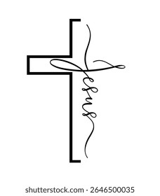 Jesus cross lettering, Christian t-shirt design. Jesus - word in black color with handwritten inscription. Vector illustration