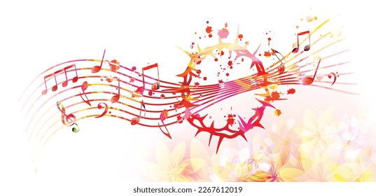 Jesus' Crown of Thorns in red color with musical notes. Vector illustration of a woven wreath of thorns. Sacrifice and endurance concept. Religion-themed design for Christianity and church service