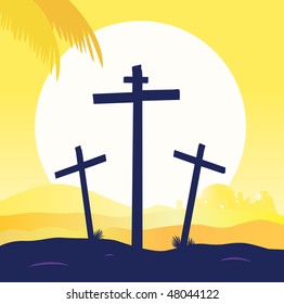 Jesus crucifixion - calvary scene with three crosses. Calvary sunset scene with crosses. Jesus crucifixion. Vector Illustration.