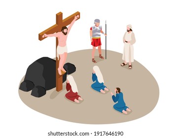 Jesus Crucifixion isometrisches 3D-Vektorkonzept für Banner, Website, Illustration, Landing Page, Flyer, etc.