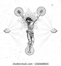 Jesus crucifixion on the sacred geometric cross, son of God, with alien UFO with seeing eye rays in space with stars. Hand drawn sketch flesh tattoo reference. Symbol of modern Good Friday. Vector.