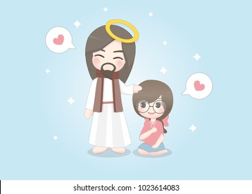 Jesus and cute girl happily talk to each other. Character design vector illustration. 