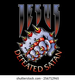 Jesus defeated Satan spiked metal fist