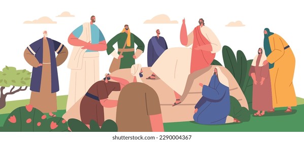 Jesús Entregó El Sermón En El Monte, Enseñando A Sus Seguidores Las Bestias, La Oración Del Señor, La Ilustración Vectorial