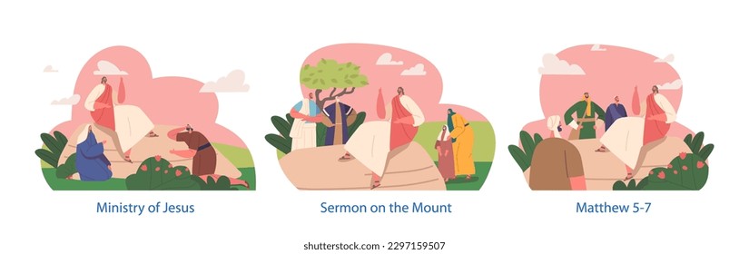 Jesus Delivered The Sermon On The Mount, Teaching His Followers The Beatitudes, The Lord's Prayer, Vector Illustration