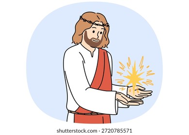 Jesús demuestra milagro tras segunda venida, vestido con coronas de espinas y vestiduras antiguas. Profeta cristiano masculino similar a Jesús de la Biblia apareció en la tierra según la profecía religiosa