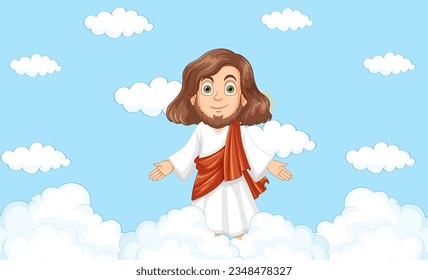 Jesus is depicted with a halo, standing against a cloudy sky background in a vector cartoon illustration