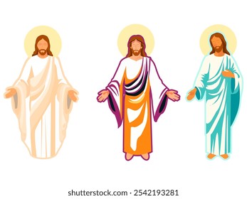 Jesús en diferentes poses, en oración, mostrando devoción y humildad, predicando de pie,
Resurrección de Jesucristo conjunto de Ilustraciones vectoriales, figuras aisladas.