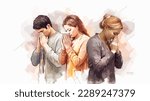Jesus disciples praying together colorful contrast watercolor religious vector illustration