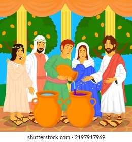 jesus is doing the miracle of turning water into wine, cute cartoon characters, great for children's story books, bibles, stickers, packaging designs, t-shirts, printing and more