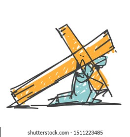 Jesus drawing a cross. Cartoon style as a vector.
