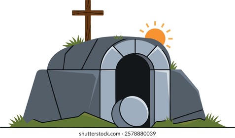 Jesus Easter tomb stone sunny background vector art