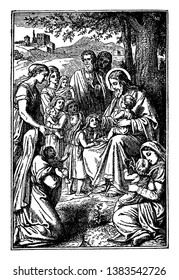 Jesus is encouraging 5,000 individuals by increasing five chunks of bread and two fish. Two fish are on the ground before him and a young fellow bows with a crate of bread, vintage line drawing