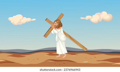 Jesus endures trial and torture while carrying the cross barefoot