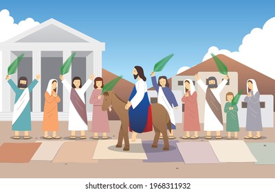 Jesus entering Jerusalem on Palm Sunday and cheering people.