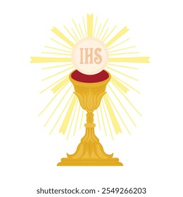 Jesus Eucharist, catholic illustration. First Holy communion sacred chalice.