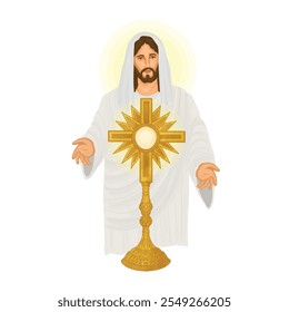 Jesus Eucharist, catholic illustration. First Holy communion sacred chalice.