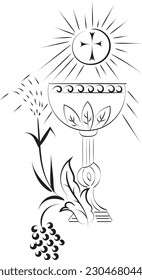 Jesus And The Eucharist illustration. Eucharist in Chalice with Grapes and Wheat for print or use as poster, card, flyer or T Shirt