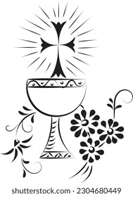 Jesus And The Eucharist illustration. Eucharist in Chalice with Grapes and Wheat for print or use as poster, card, flyer or T Shirt