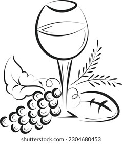 Jesus And The Eucharist illustration. Eucharist in Chalice with Grapes and Wheat for print or use as poster, card, flyer or T Shirt