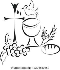 Jesus And The Eucharist illustration. Eucharist in Chalice with Grapes and Wheat for print or use as poster, card, flyer or T Shirt