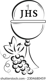 Jesus und die eucharistische Illustration. Eucharist in Chalice mit Trauben und Weizen zum Druck oder zur Verwendung als Plakat, Karte, Flyer oder T-Shirt