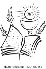 Jesus And The Eucharist illustration. Eucharist in Chalice with Grapes and Wheat for print or use as poster, card, flyer or T Shirt
