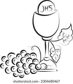 Jesus And The Eucharist illustration. Eucharist in Chalice with Grapes and Wheat for print or use as poster, card, flyer or T Shirt