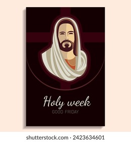 Jesus face in flat colors on flyer template for Easter