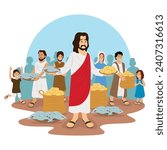 Jesus fed 5000 people by performing a miracle of multiplying 5 loaves of bread and 2 fish into a very large number
