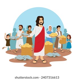 Jesus fed 5000 people by performing a miracle of multiplying 5 loaves of bread and 2 fish into a very large number