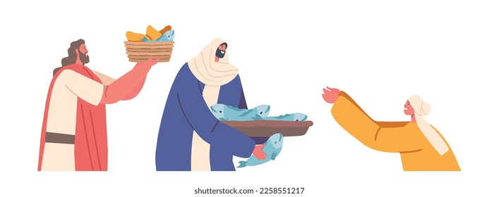 Jesus fed Menschenmenge mit fünf Liebhabern und zwei Fischen Komposition. Apostel von Christian Sharing Food mit Hearers. Die biblische Geschichte über den Sohn Gottes Wunder für Gläubige. Vektorgrafik von Cartoon People