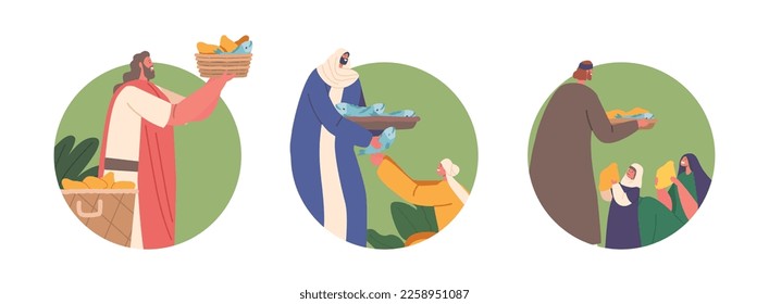 Jesus Feeding Crowd Biblical Story Composition with Characters. Apostles of God Son Sharing Food With Hearers Group. Miracle for Hungry Christian Believers. Cartoon People Vector Illustration