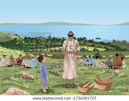 Jesus Feeds The Five Thousand  - He Looks Up to Heaven and Gives Thanks - Vector