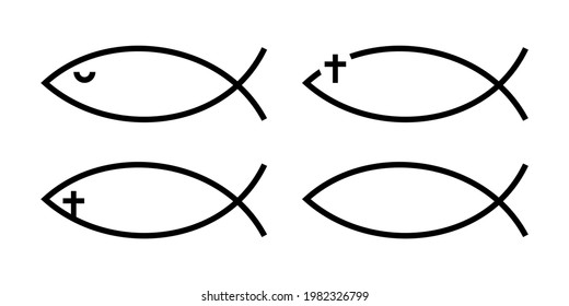 Jesus fish icon collection. Fish with religion cross. Christian symbol isolated on white background. Vector illustration.