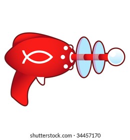 Jesus fish icon on laser raygun vector illustration in retro 1950's style.
