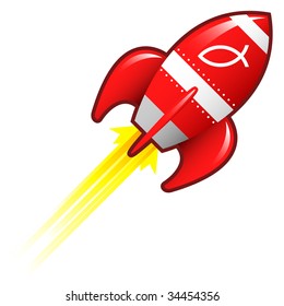 Jesus fish icon on red retro rocket ship illustration