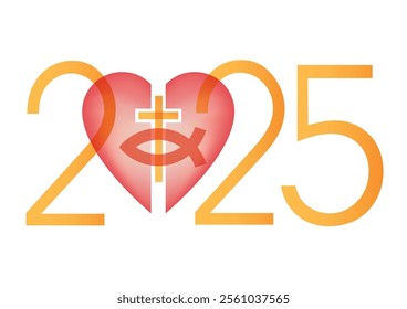 

Jesus fish symbol inside a heart symbol, new year 2025. Christianity fish symbol with cross. Yellow inscription 2025.
 Isolated on white background. Vector available.