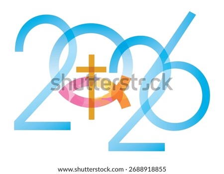 Jesus fish symbol inside a heart symbol, new year 2026. Christianity fish symbol with cross. Yellow inscription 2026.
 Isolated on white background. Vector available.