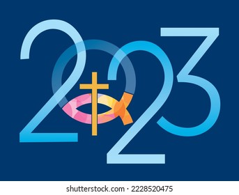 
Jesus fish symbol, new year.
2023 new year with Jesus fish symbol with cross on blue background. Vector available.