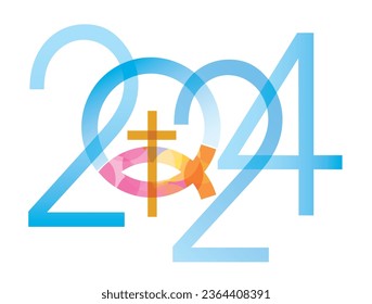 
Jesus fish symbol, new year. 2024 new year with Jesus fish symbol with cross.
 Isolated on white background. Vector available.	
	