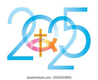 Jesus fish symbol, new year date. 
2025 new year with Jesus fish symbol with cross. Isolated on white background. Vector available.