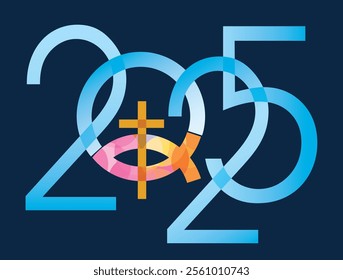 

Jesus fish symbol, new year date. 
2025 new year with Jesus fish symbol with cross. Isolated on blue background. Vector available.	
