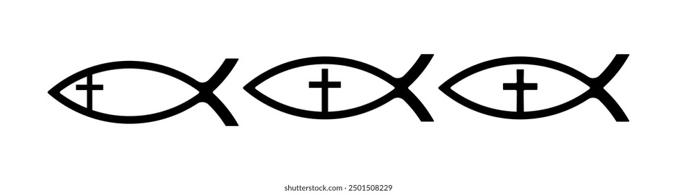 Símbolo del pez Jesús. Esquema de peces cristianos con cruz en el interior. Símbolo religioso. Vector