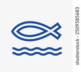 Jesus fish with waves outline Logo. Holy emblem minimalism style. Tattoo icon, bible theme