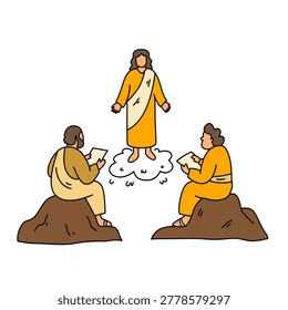 Jesus floating on clouds while two people sit on rocks reading books, spiritual illustration concept