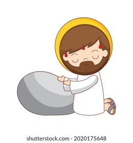 Jesus in the garden of olive trees cartoon isolated over white background. vector illustration