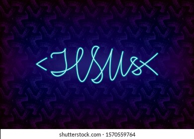 Jesus Glowing Neon Sign Style Logo Lettering as Mystic Religious Jesus Christ Symbol Fish Sign Creative Concept - Blue on DarkPurple Background - Vector Hand Drawn Graphic Design